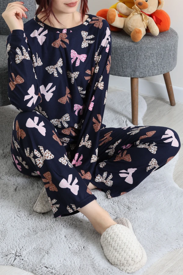 Süet Alt Üst Aynı Pijama Takımı Lacivertpembe 4