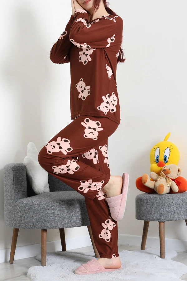 Süet Alt Üst Aynı Pijama Takımı Kahve 7