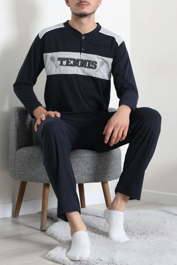 Süprem Patlı Garnili Erkek Pijama Takımı Lacivert