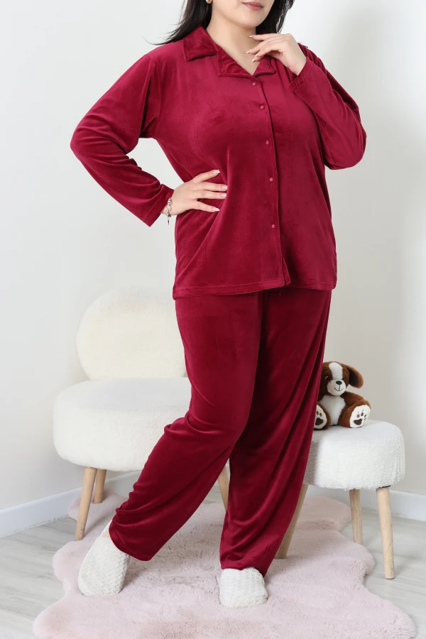 Fransız Kadife Büyük Beden Düğmeli Pijama Takımı Bordo