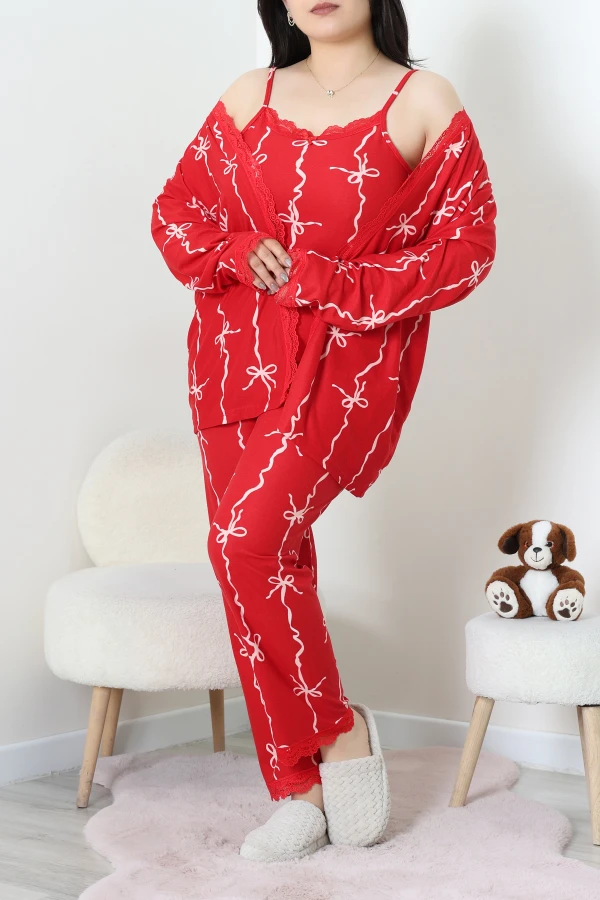 Süet Büyük Beden 3'Lü Pijama Seti Kırmızıkurdele 2