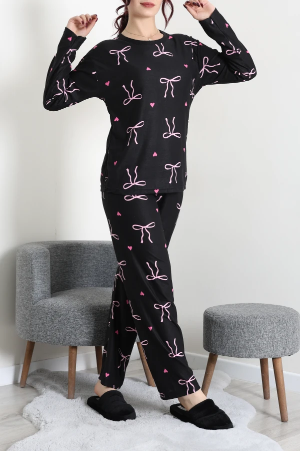 Süet Alt Üst Aynı Pijama Takımı Siyahpembe 4