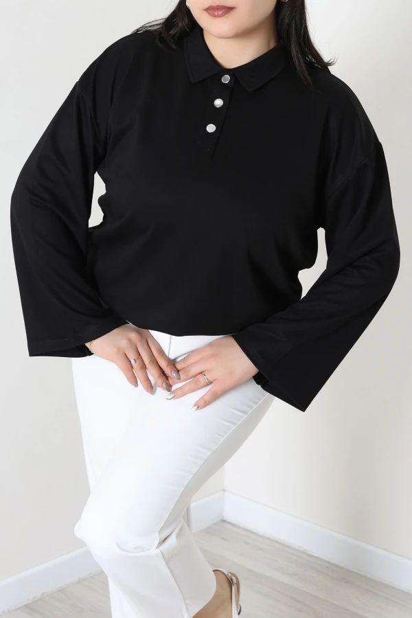 Çıtçıtlı Polo Yaka Büyük Beden Modal Bluz Siyah