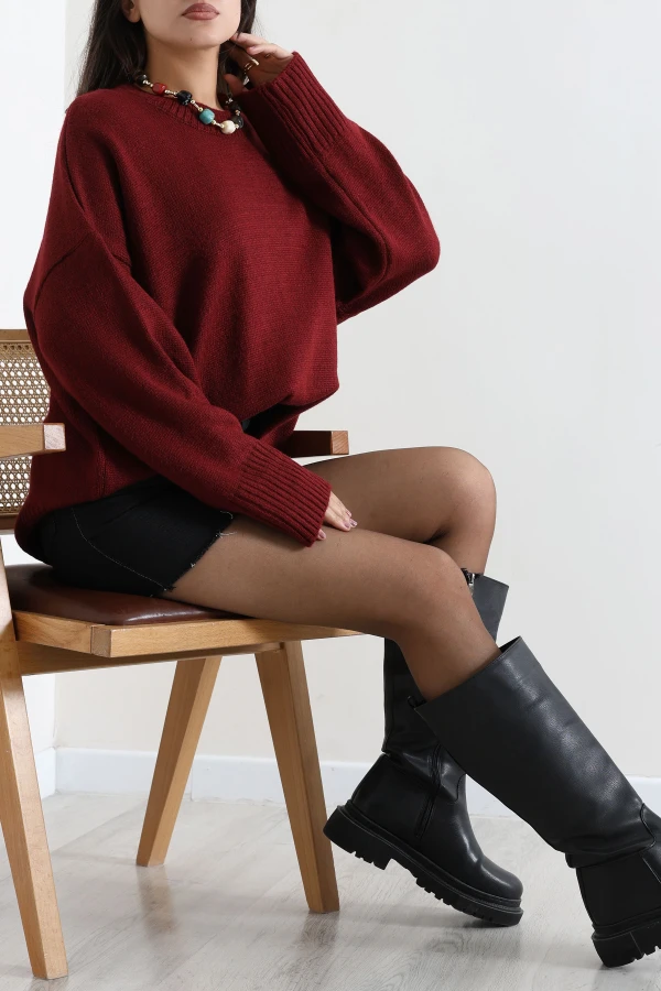 Düşük Kol Oversize Triko Kazak Bordo 4