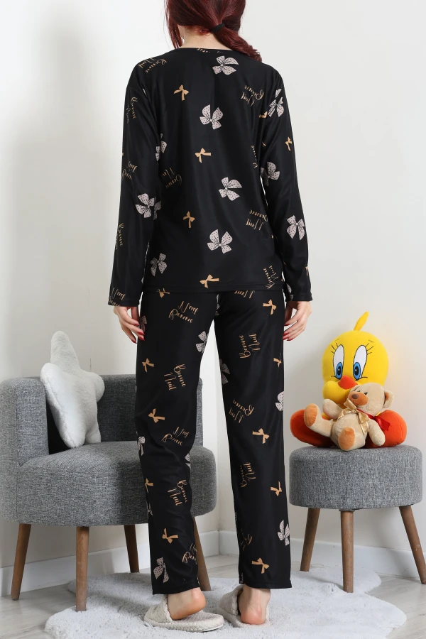 Süet Alt Üst Aynı Pijama Takımı Siyahbej 7