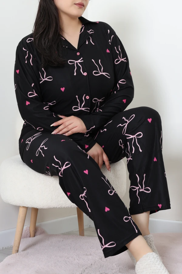 Büyük Beden Süet Düğmeli Pijama Takımı Siyahkurdele 2