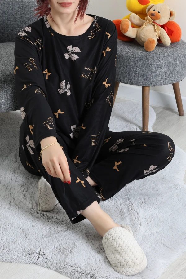 Süet Alt Üst Aynı Pijama Takımı Siyahbej 4