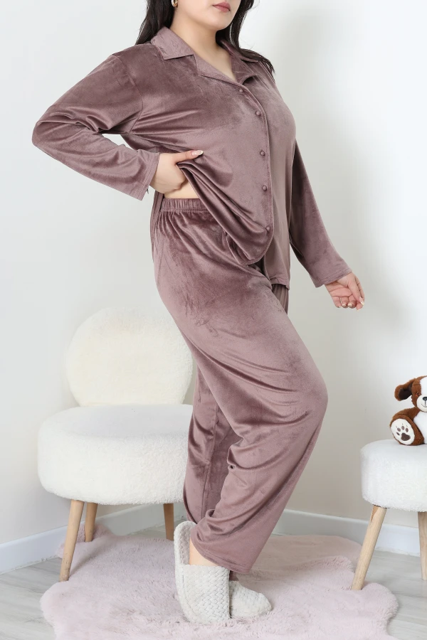 Fransız Kadife Büyük Beden Düğmeli Pijama Takımı Kahve 3