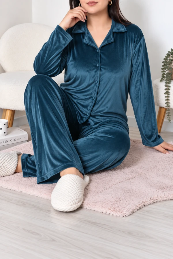 Fransız Kadife Büyük Beden Düğmeli Pijama Takımı Petrol