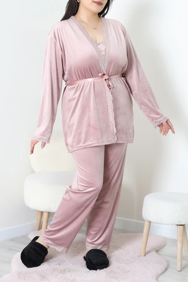 Fransız Kadife Büyük Beden 3'Lü Pijama Seti Pudra 7