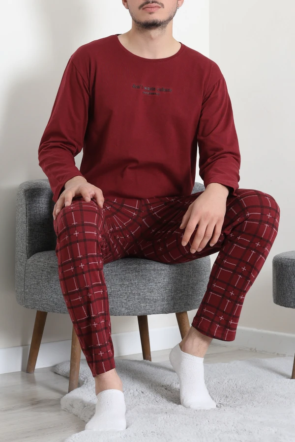 Süprem Ekoseli Baskılı Erkek Pijama Takımı Bordo 2