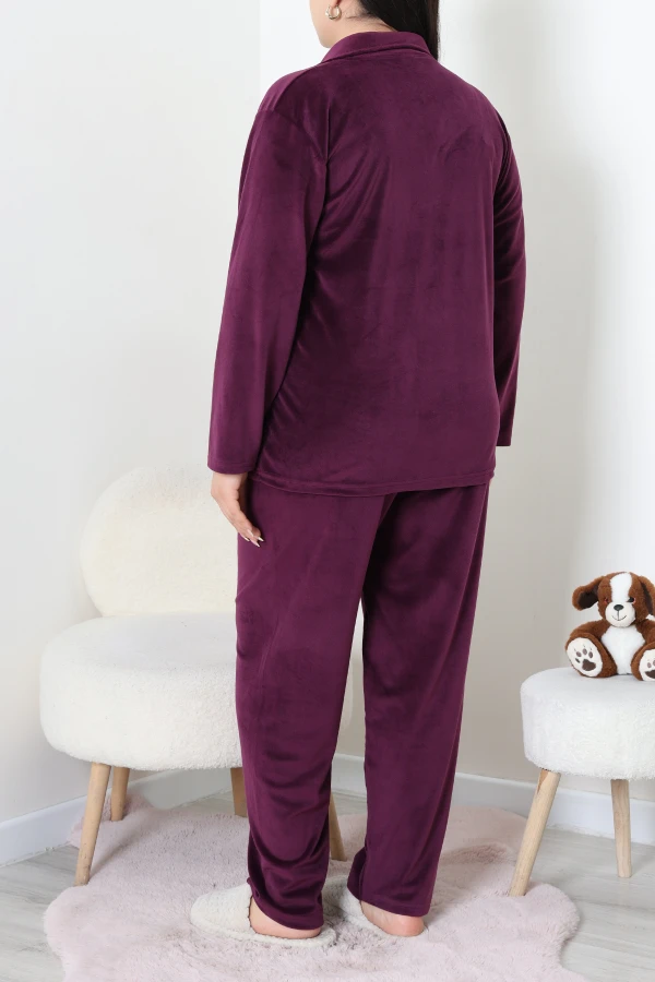 Fransız Kadife Büyük Beden Düğmeli Pijama Takımı Mor 7
