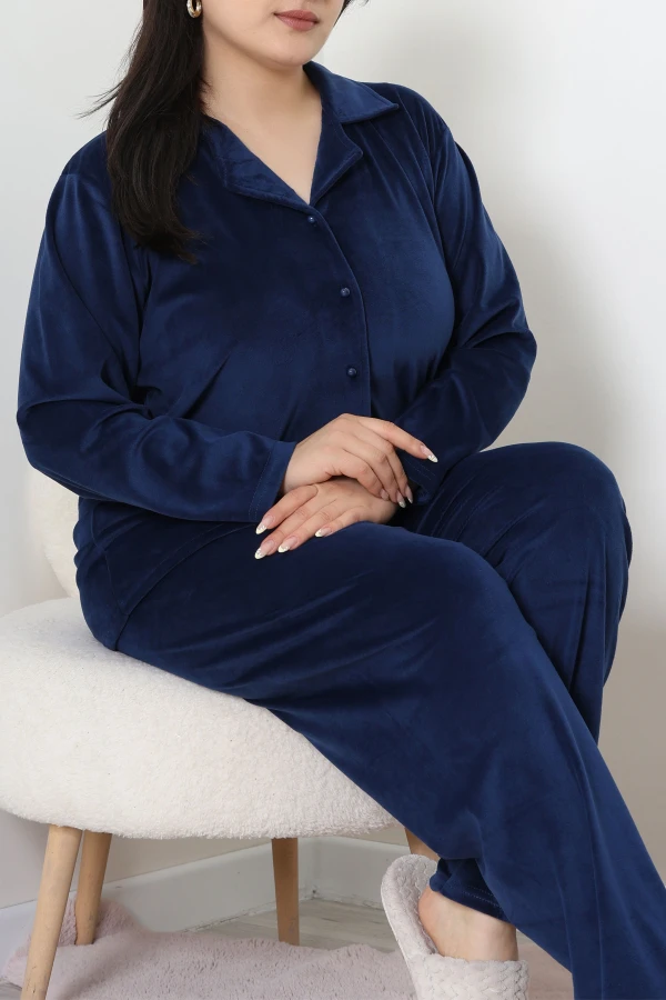 Fransız Kadife Büyük Beden Düğmeli Pijama Takımı Lacivert 2