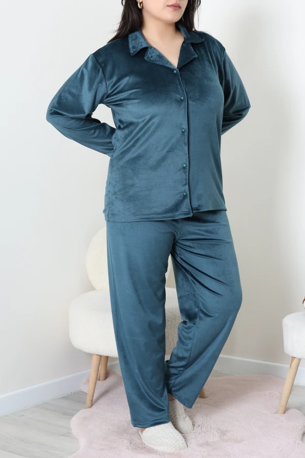 Fransız Kadife Büyük Beden Düğmeli Pijama Takımı Petrol 5
