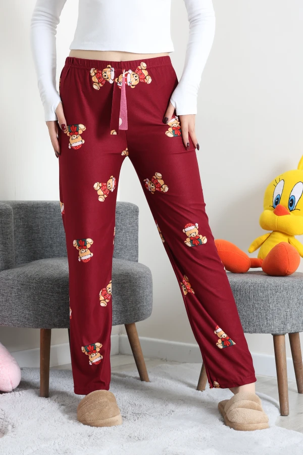 Desenli Süet Pijama Altı Bordoayı 3