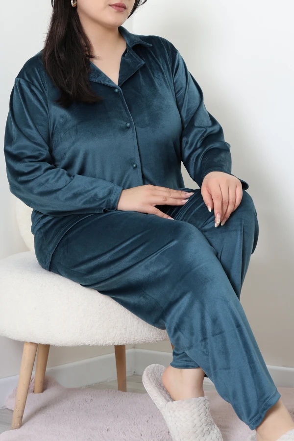 Fransız Kadife Büyük Beden Düğmeli Pijama Takımı Petrol 3