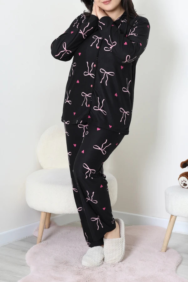 Büyük Beden Süet Düğmeli Pijama Takımı Siyahkurdele 5