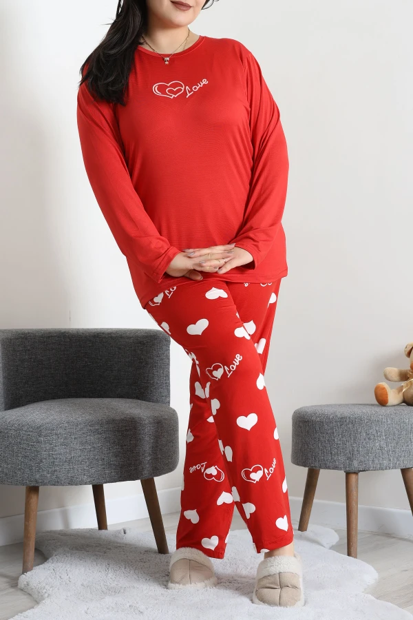 Milan Büyük Beden Baskılı Pijama Takımı Kırmızı 5