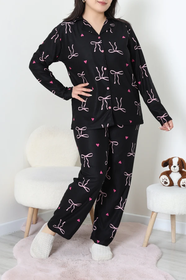 Büyük Beden Süet Düğmeli Pijama Takımı Siyahkurdele