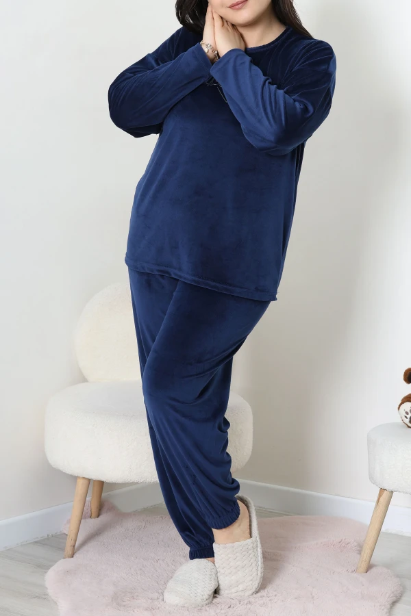 Fransız Kadife Büyük Beden Pijama Takımı Lacivert 5