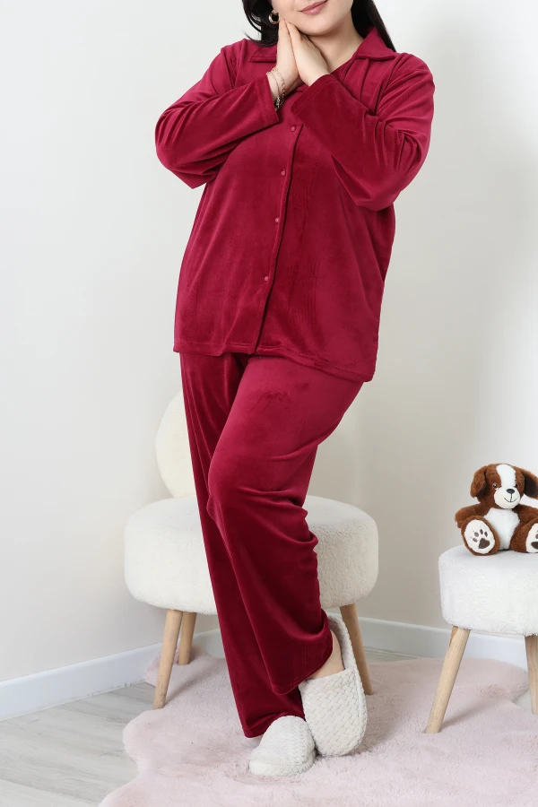 Fransız Kadife Büyük Beden Düğmeli Pijama Takımı Bordo 4