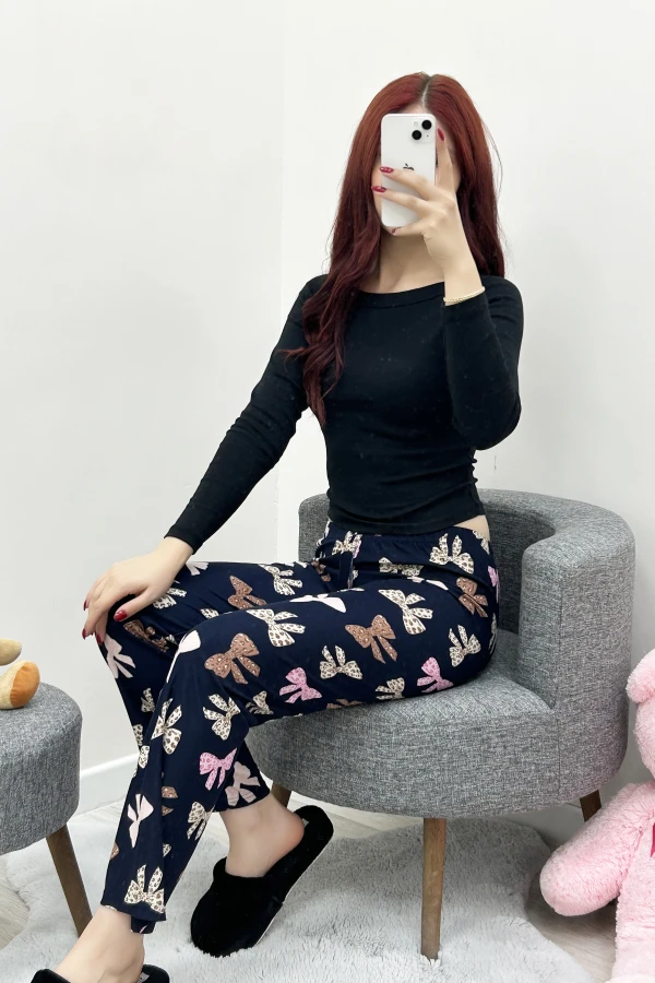 Desenli Süet Pijama Altı Lacivertpembe 3