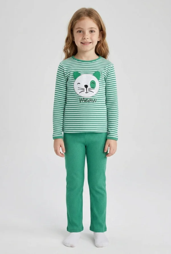 5-12 Yaş Kaşkorse Nakışlı Pijama Takımı Yeşil