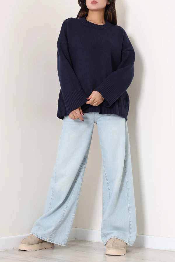 Düşük Kol Oversize Triko Kazak Lacivert 4