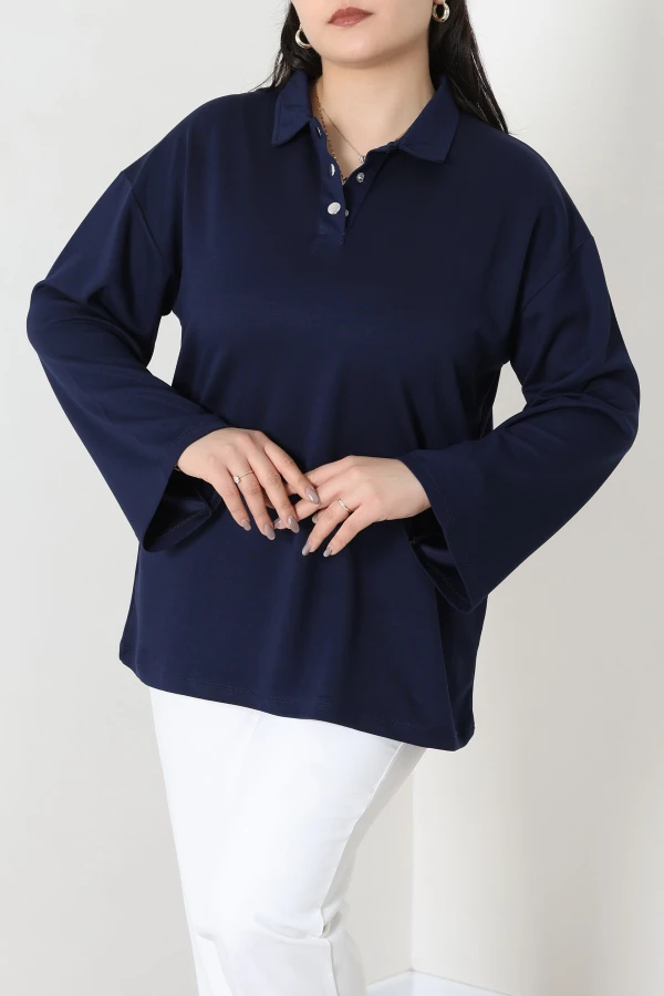 Çıtçıtlı Polo Yaka Büyük Beden Modal Bluz Lacivert