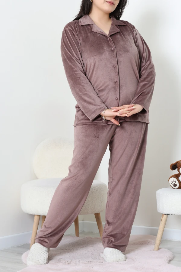 Fransız Kadife Büyük Beden Düğmeli Pijama Takımı Kahve 6