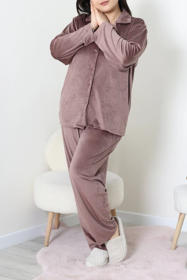 Fransız Kadife Büyük Beden Düğmeli Pijama Takımı Kahve 5