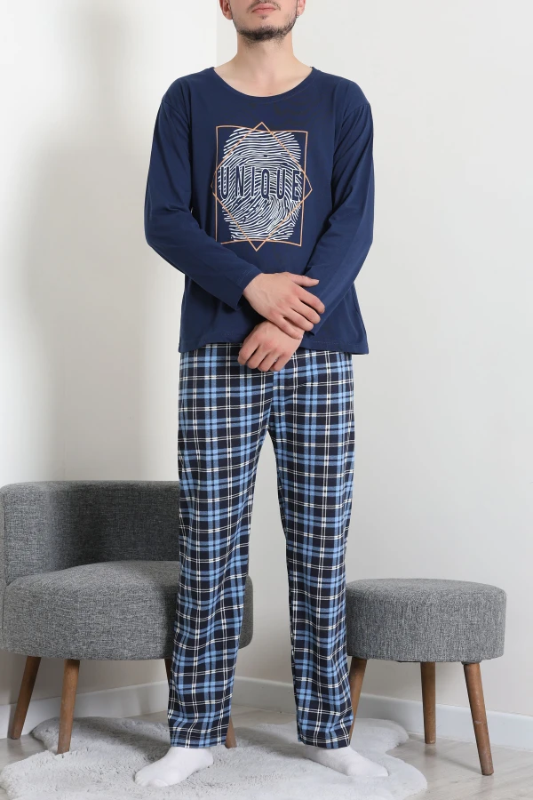 Süprem Ekoseli Uzun Kollu Erkek Pijama Takımı Lacimavi 4