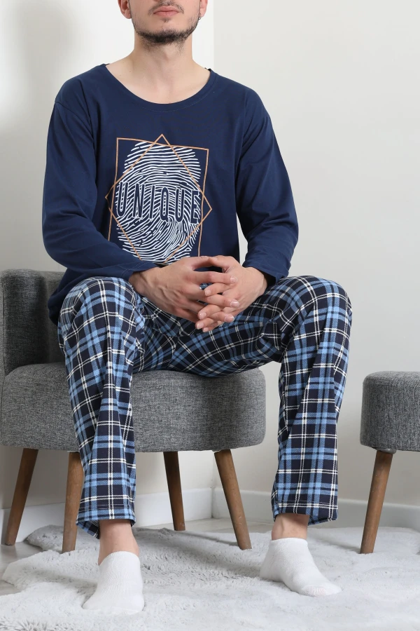 Süprem Ekoseli Uzun Kollu Erkek Pijama Takımı Lacimavi