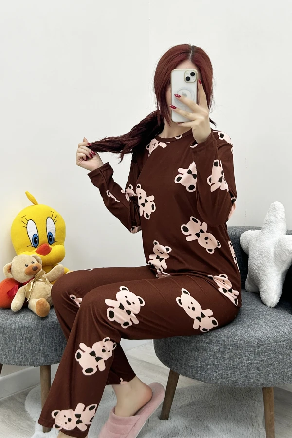 Süet Alt Üst Aynı Pijama Takımı Kahve 2