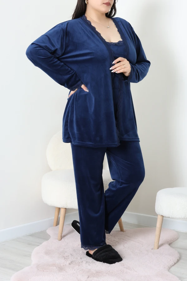 Fransız Kadife Büyük Beden 3'Lü Pijama Seti Lacivert 5