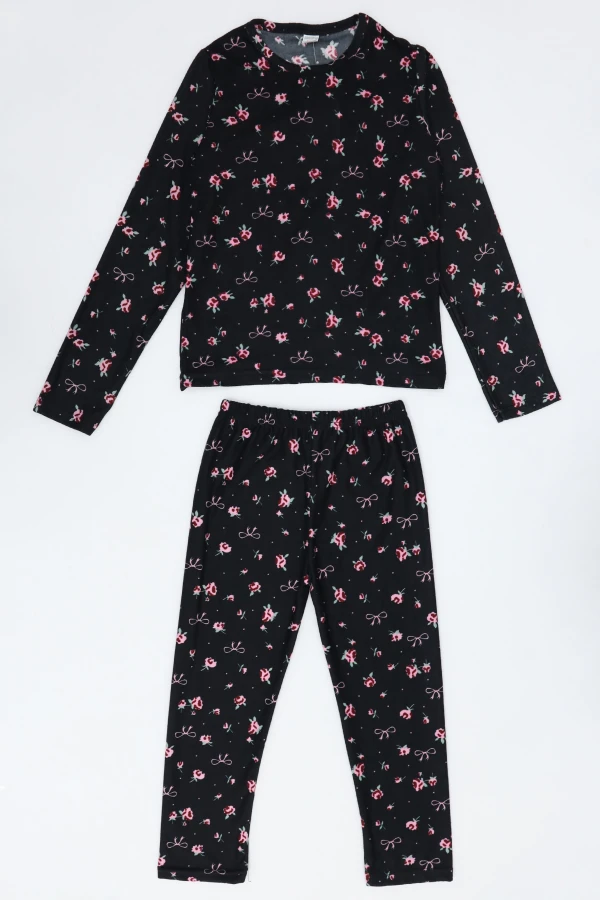5-12 Yaş Süet Alt Üst Aynı Pijama Takımı Siyahçiçekli 5