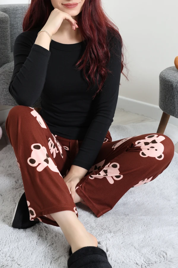 Desenli Süet Pijama Altı Kahve 8
