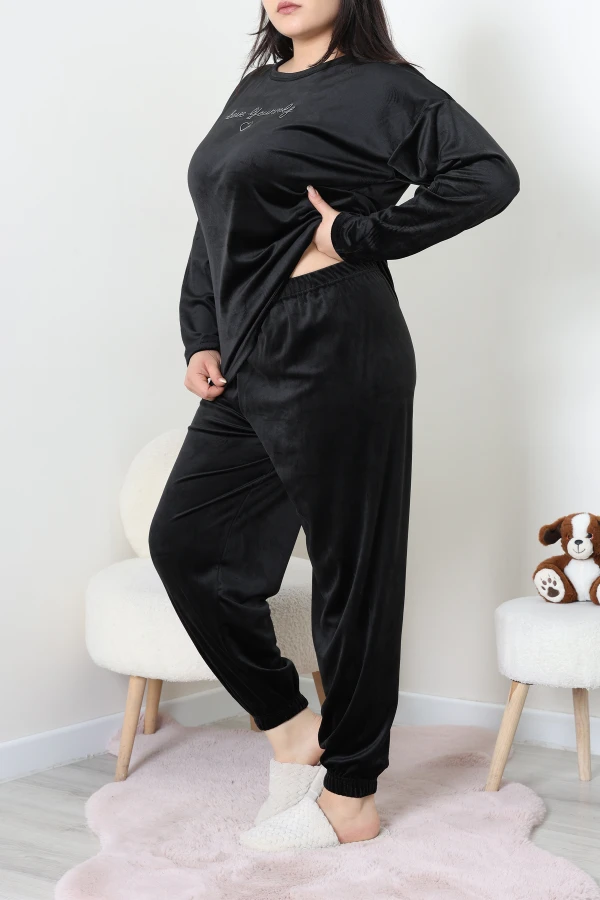 Fransız Kadife Büyük Beden Pijama Takımı Siyah 3