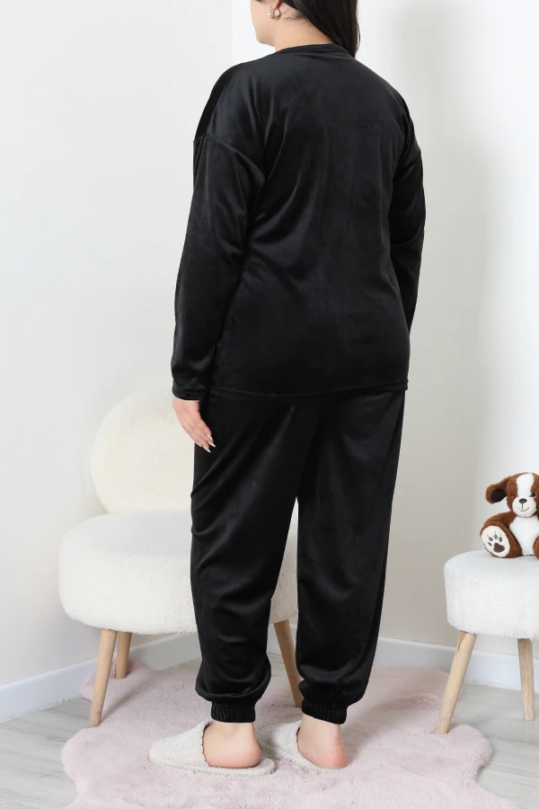 Fransız Kadife Büyük Beden Pijama Takımı Siyah 6