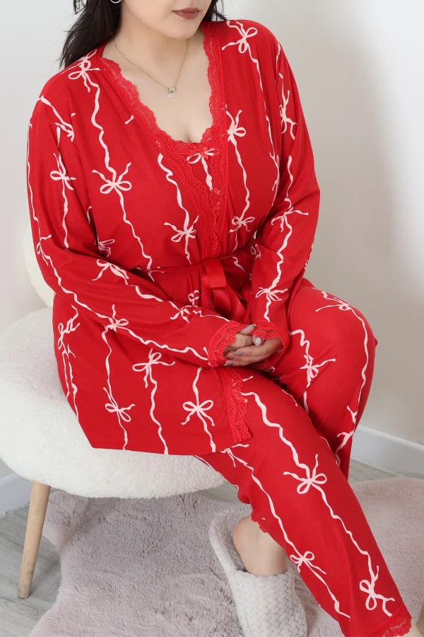 Süet Büyük Beden 3'Lü Pijama Seti Kırmızıkurdele 4