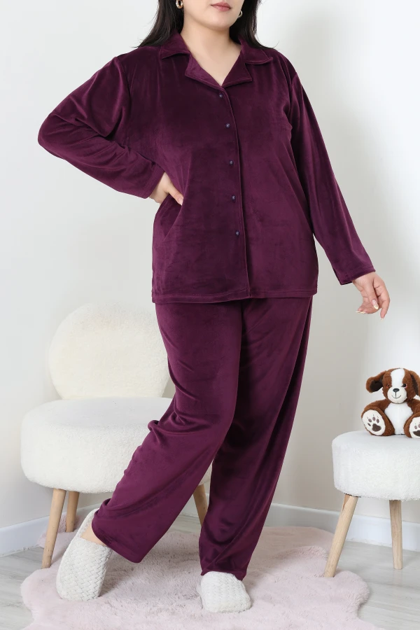 Fransız Kadife Büyük Beden Düğmeli Pijama Takımı Mor 2