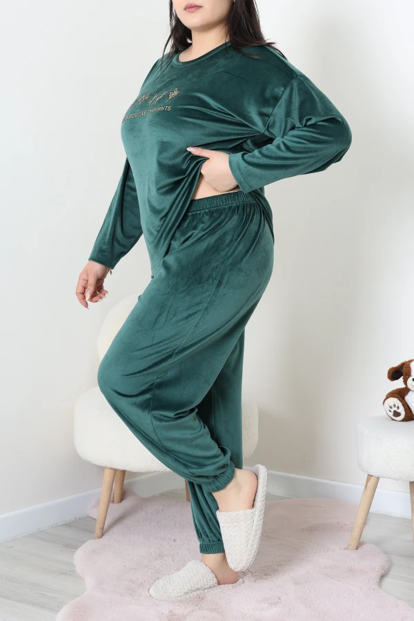 Fransız Kadife Büyük Beden Pijama Takımı Zümrüt 3
