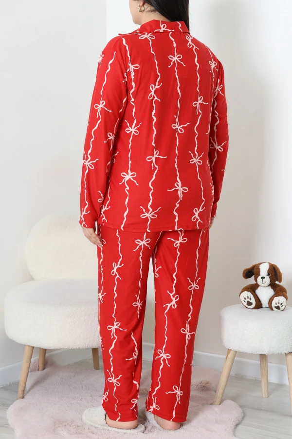 Süet Büyük Beden Düğmeli Pijama Takımı Kırmızı 6