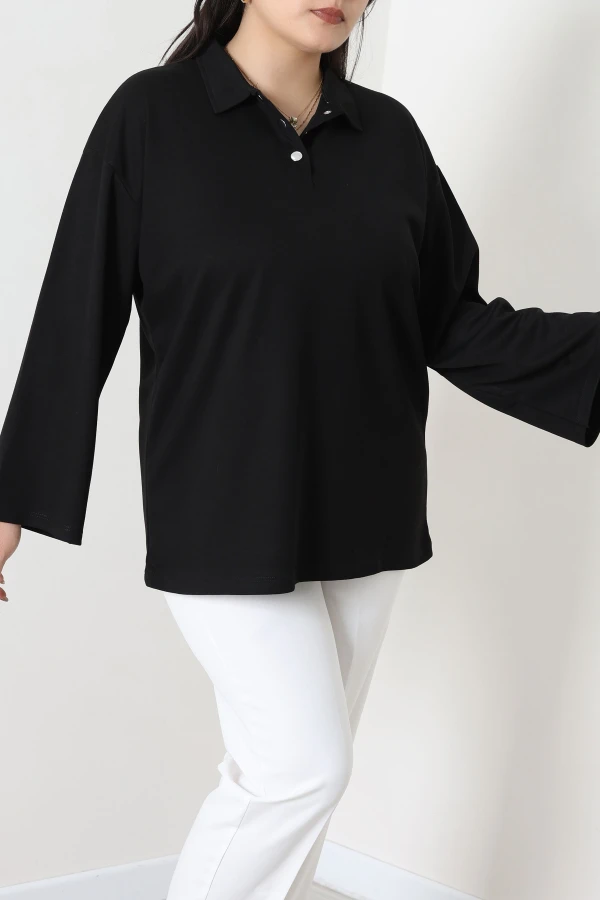 Çıtçıtlı Polo Yaka Büyük Beden Modal Bluz Siyah 3