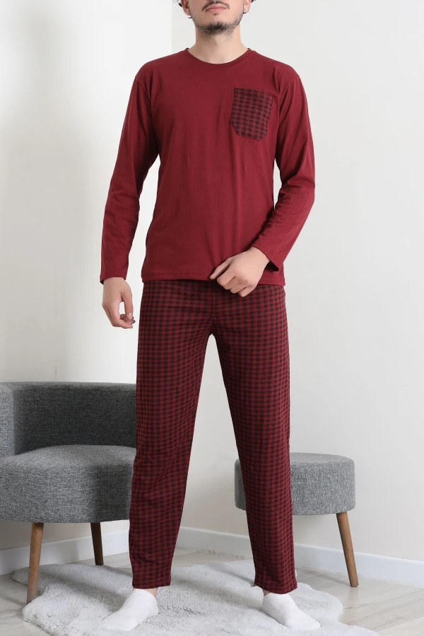 Süprem Ekoseli Baskılı Erkek Pijama Takımı Bordoekose
