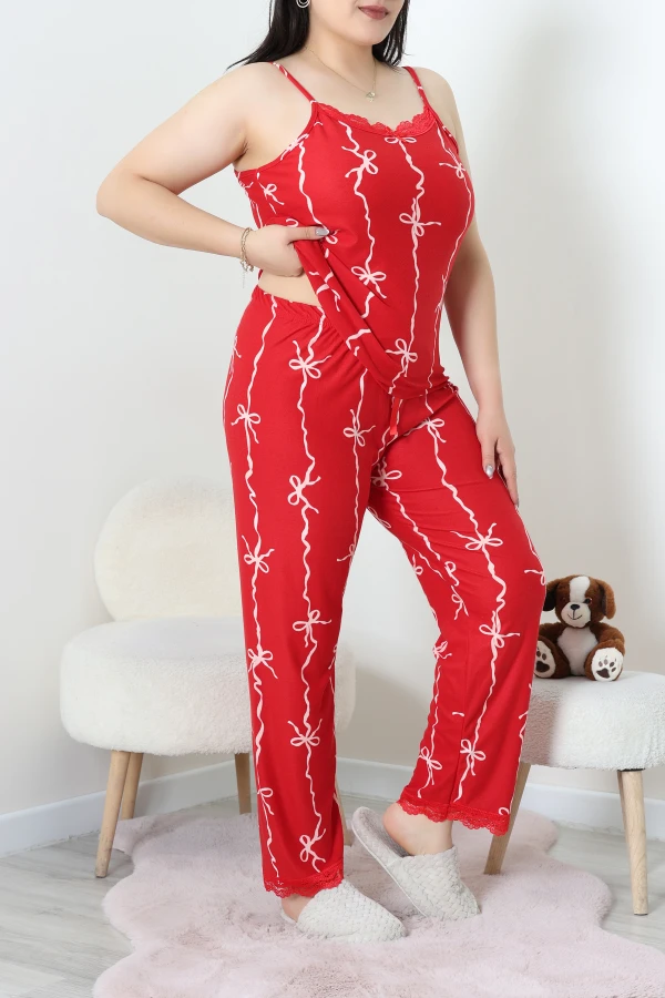 Süet Büyük Beden 3'Lü Pijama Seti Kırmızıkurdele 5