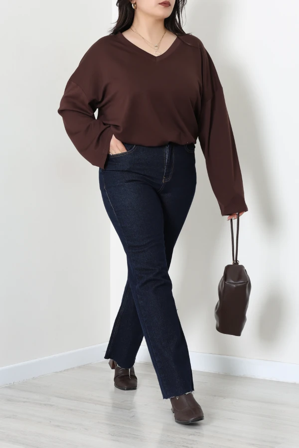 V Yaka Kimono Kol Büyük Beden Modal Bluz Acıkahve 5