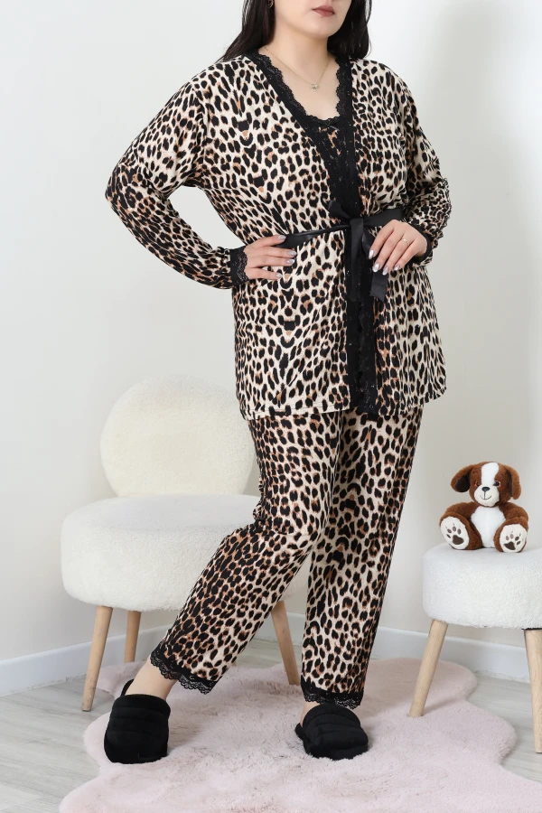 Süet Büyük Beden 3'Lü Pijama Seti Leopar 7