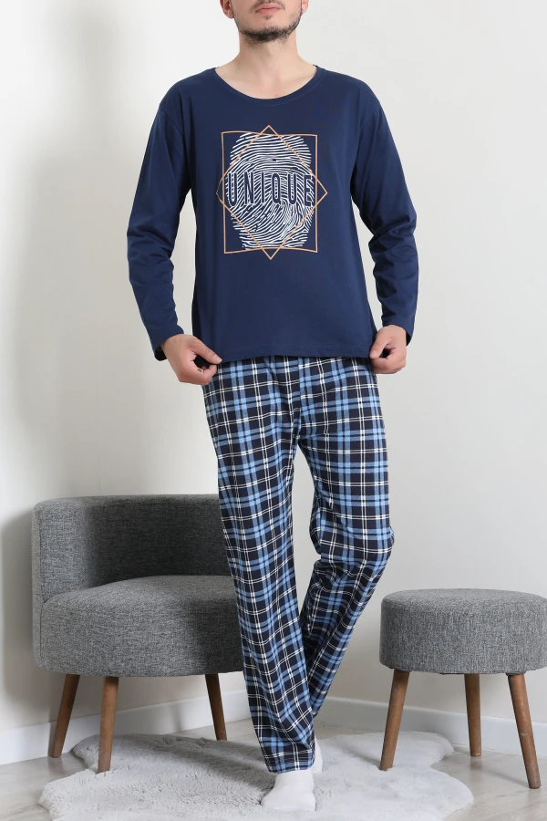 Süprem Ekoseli Uzun Kollu Erkek Pijama Takımı Lacimavi 6