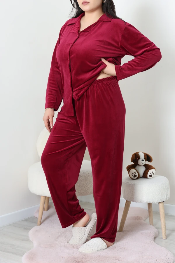 Fransız Kadife Büyük Beden Düğmeli Pijama Takımı Bordo 2